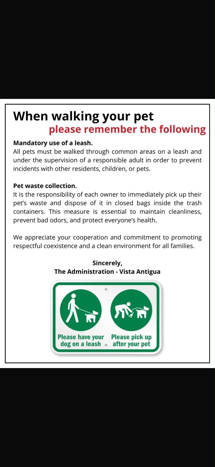 Reminder to keep dogs on a leash and pick up pet waste